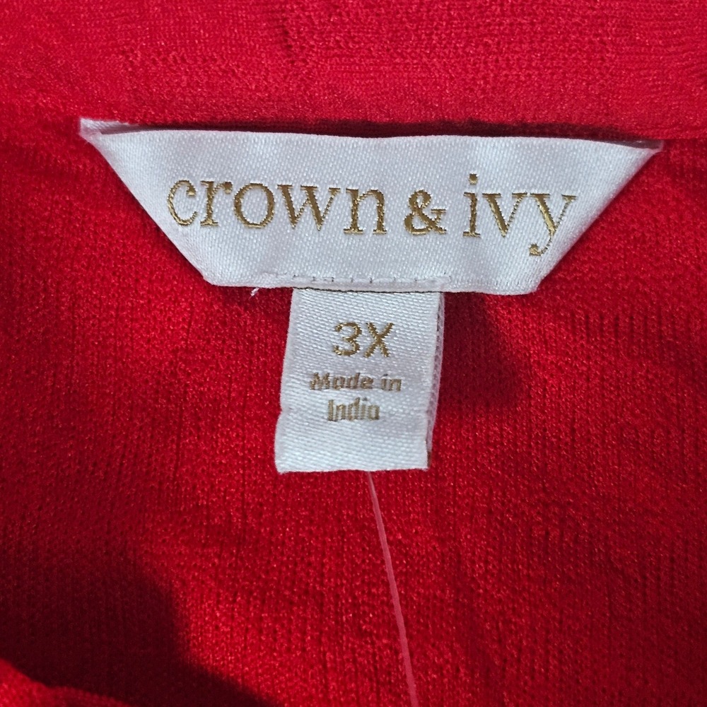 Crown & Ivy Red Jacquard Ruffle Neck Puff Sleeve Blouse Plus Size 3X NEW - Picture 3 of 11